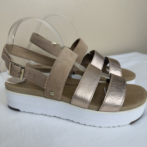 UGG Braelynn Metallic Gold Leather Straps Platform Sandal Womens Size 10 - Picture 1 of 13